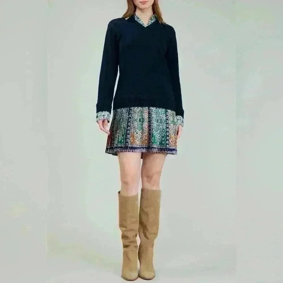 Current air long sleeve v-neck sweater collar dress navy/ multicolor - Picture 1 of 8
